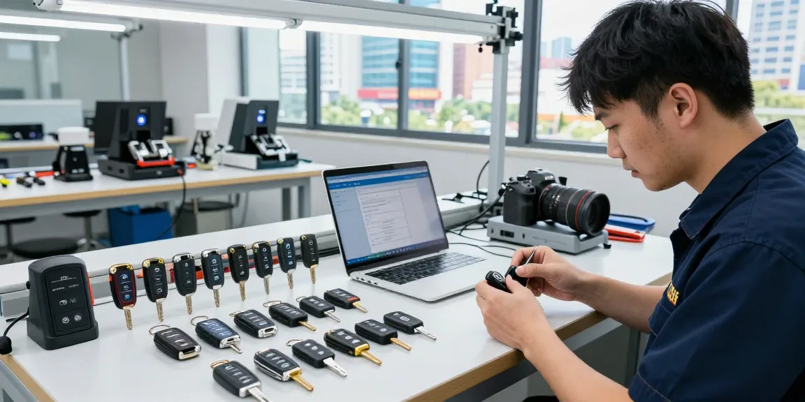 Spezialist für Autoschlüssel mit verschiedenen Webseitenlinks zu KIA und Hyundai Schlüsselmodellen in einer modernen Werkstatt.
