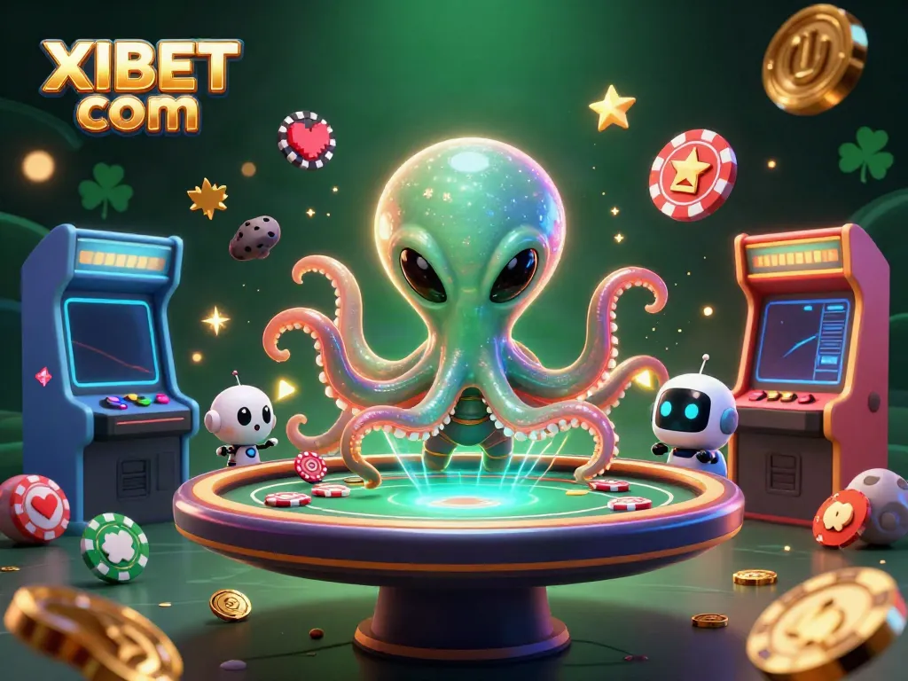 Experience thrilling gameplay at XIBET com with an alien octopus hosting a holographic poker table in a vibrant casino scene.
