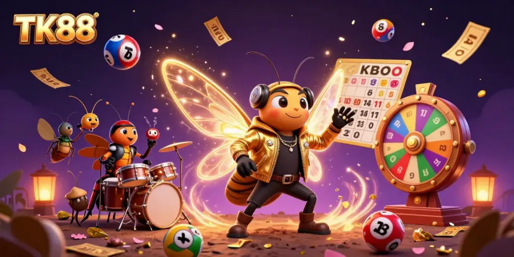 Engaging TK88 casino image showcasing a rock star cicada and vibrant gaming elements.
