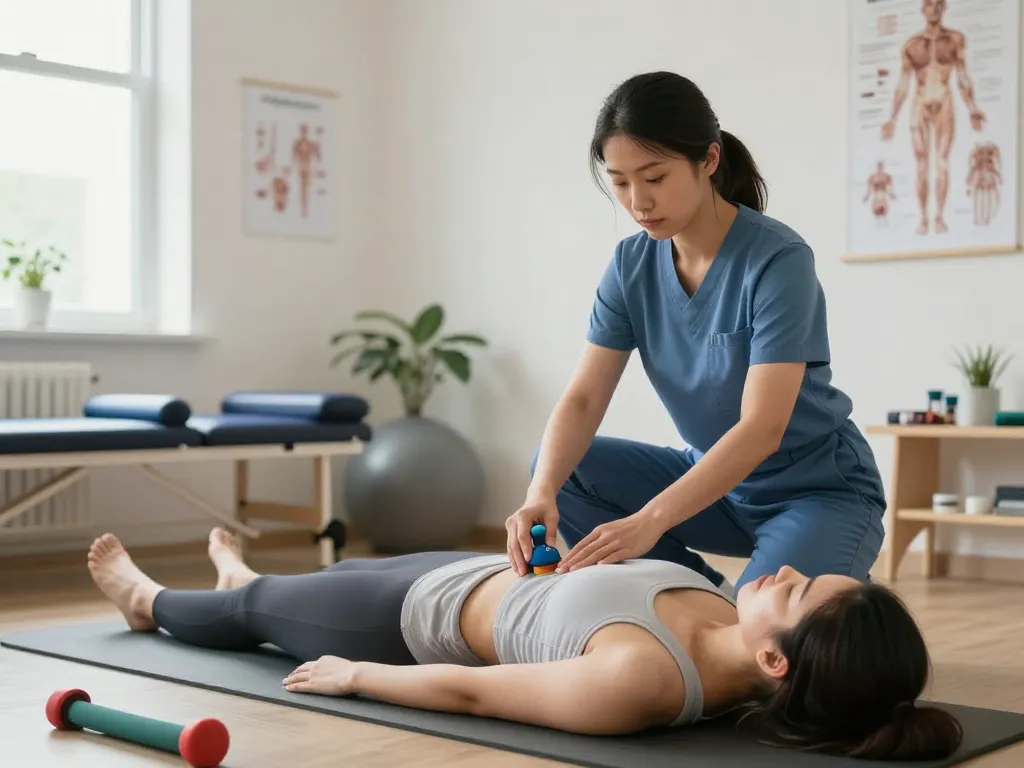 Engaged physiotherapist demonstrating effective pelvic floor exercises at https://pelvi-care.de/ with specialized equipment in a bright clinic.
