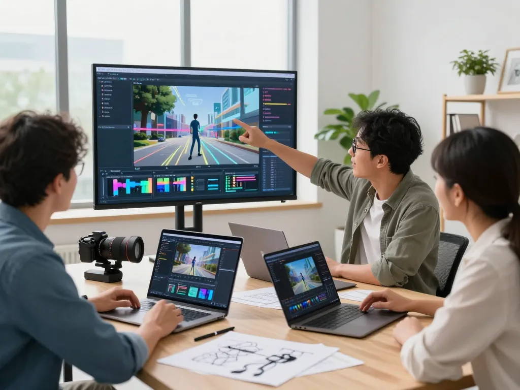 Collaborative workspace showcasing motion AI project development with a diverse team creating animated content.