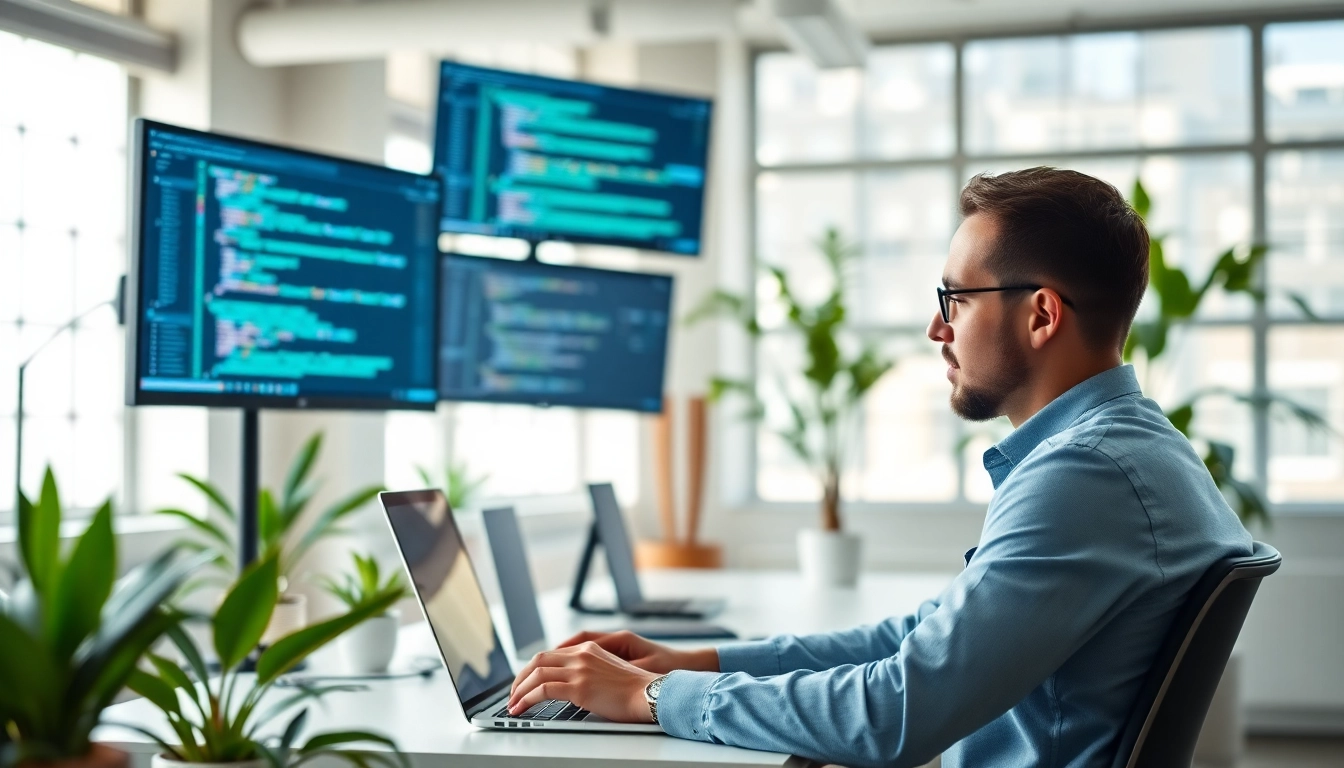 Webentwickler Hannover arbeitet an modernem Arbeitsplatz mit Code auf Bildschirmen.