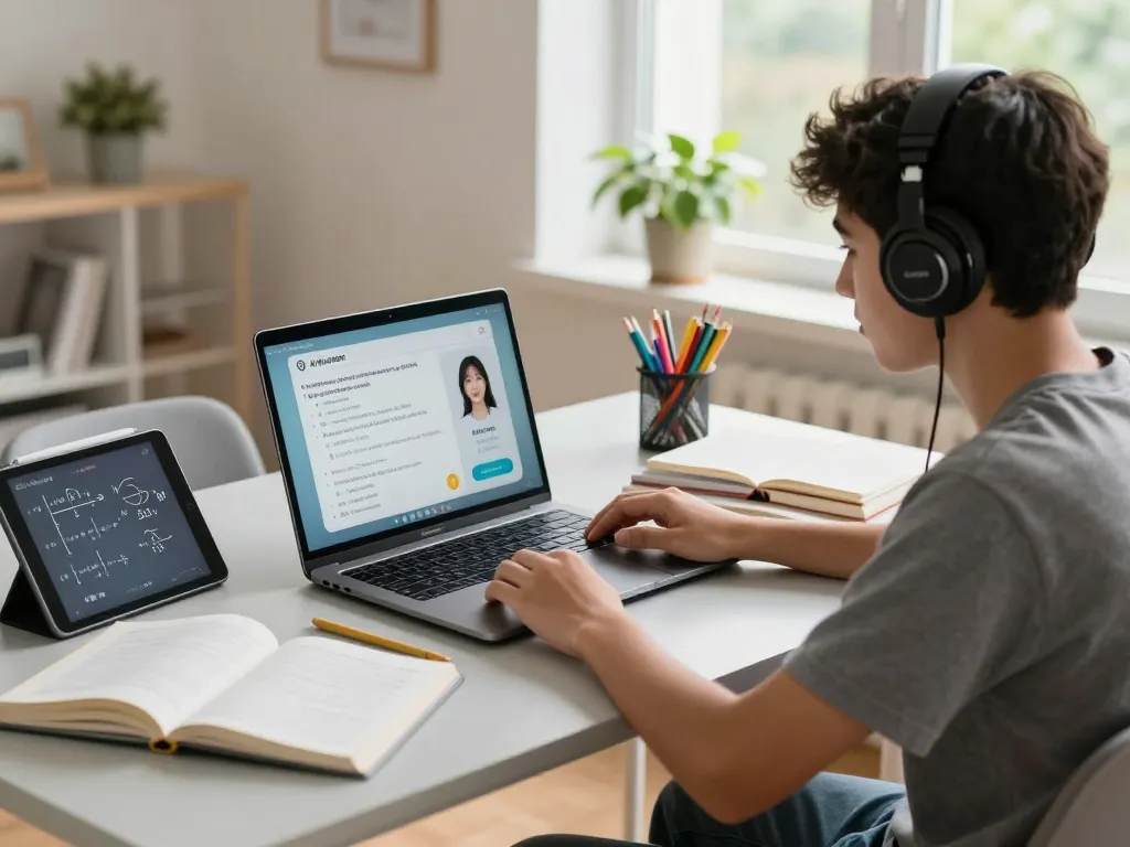 Student, der Hausaufgaben KI kostenlos an einem Schreibtisch mit ansprechenden Ressourcen nutzt.