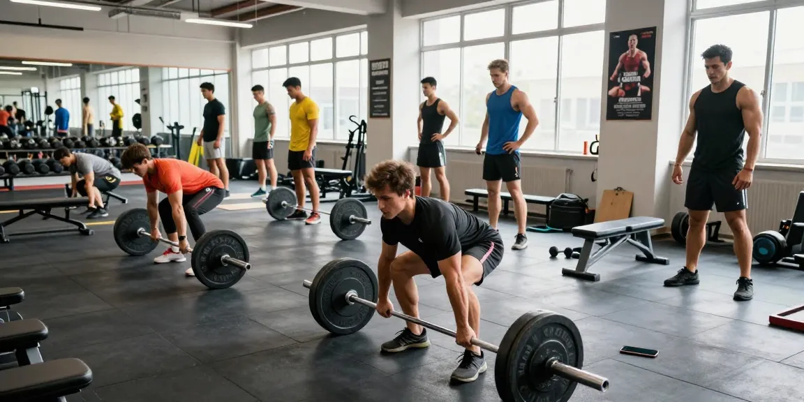 Kraftsportler, die in einem modernen Fitnessstudio trainieren, betonen Gemeinschaft und Stärke bei Steroidshop
