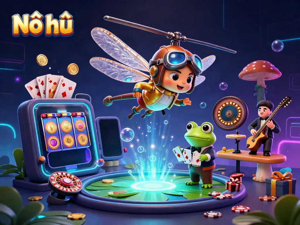 Nổ hũ casino scene showcasing vibrant cartoon characters and slot game excitement