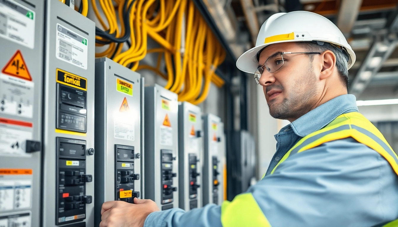 Prüfung ortsfester elektrischer Anlagen durch einen Techniker in einer Industrieumgebung.