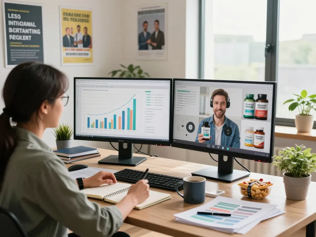 Inspirierende Szene einer Diskussion über Network Marketing Nahrungsergänzung in einem hellen Homeoffice.