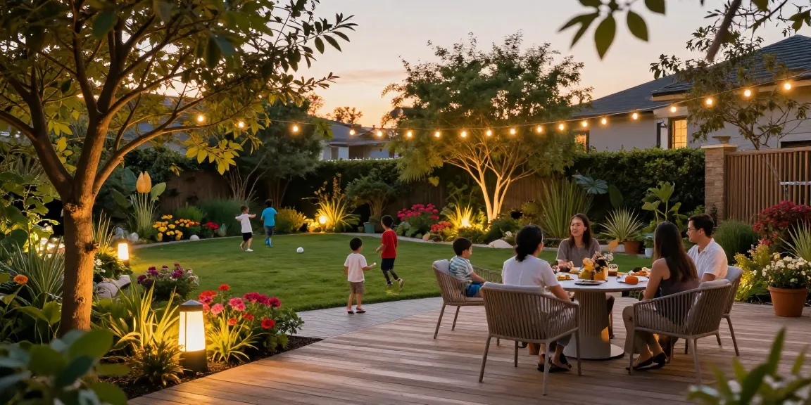LED Gartenstrahler, der eine lebendige Gartenszene beleuchtet, in der Familien einen gemütlichen Abend genießen.