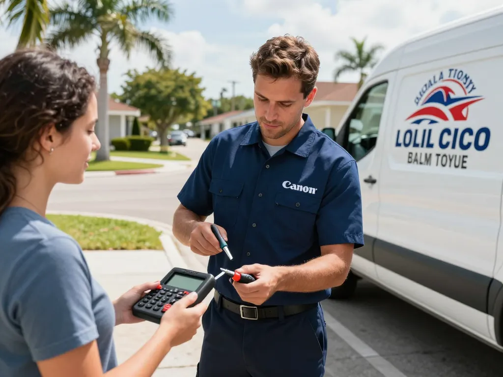Skilled locksmith palm city fl aiding customer in car lockout with professional tools in sunny suburban setting.