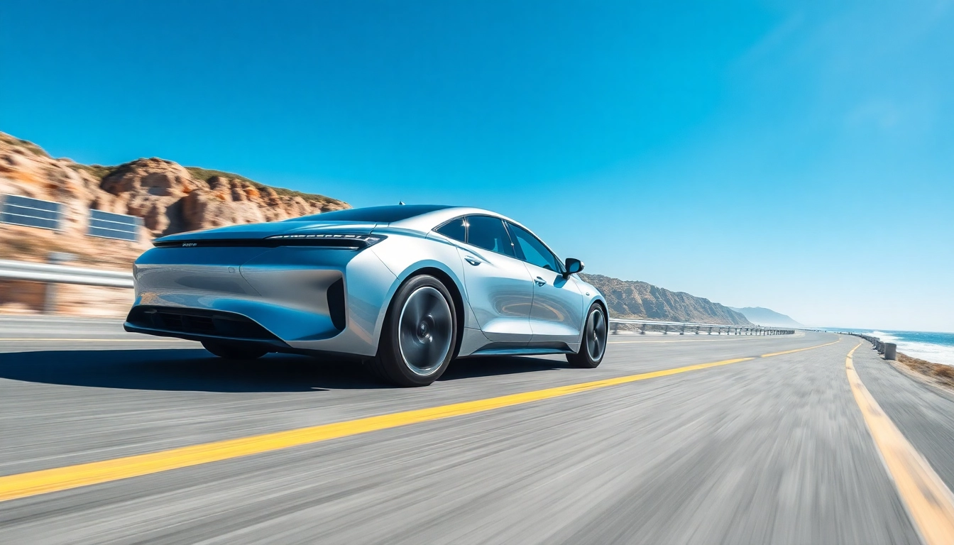 Elektroautos fahren schnell entlang einer Küstenstraße mit blauem Himmel.