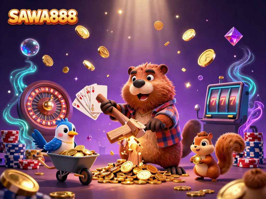 SAWA888 showcases a playful casino scene with a cartoon beaver championing a slot game, surrounded by shining coins.