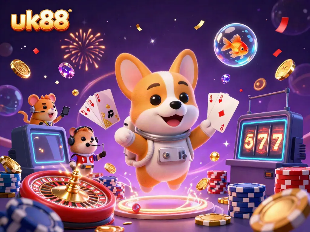 Experience the fun of uk88 with a vibrant illustration of floating gaming elements in a casino