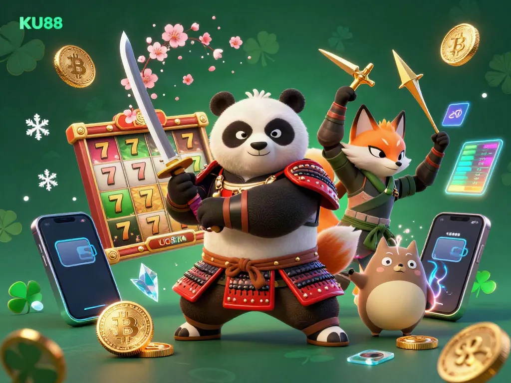 Engage with KU88's vibrant gaming realm featuring a samurai panda, ninja fox, and mystical tanuki amidst slot machines and crypto coins.