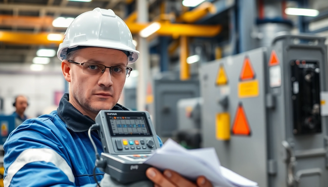 Technician performing DGUV V3 Prüfung with safety equipment in a professional environment.