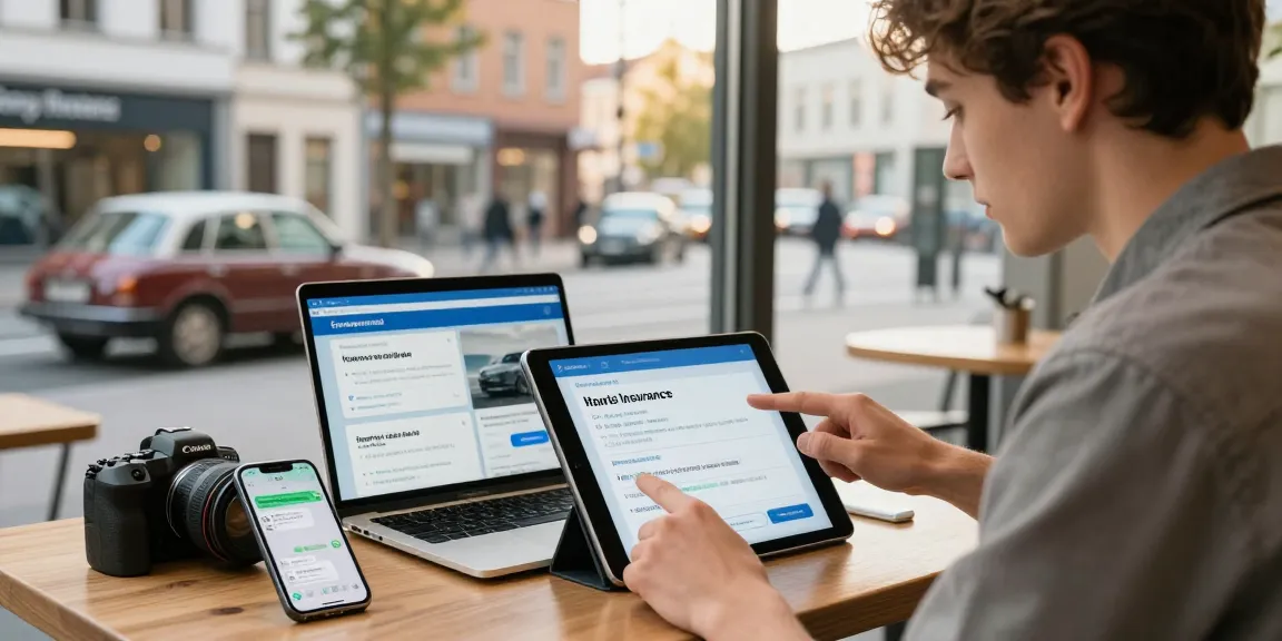Junge Frau vergleicht Autoversicherung Dortmund auf Tablet im Café, persönliche Beratung per WhatsApp im Fokus.