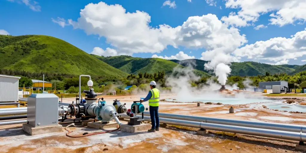 Ingenieur überprüft Geothermie-Anlage mit dampfenden Bohrlöchern und grünen Hügeln im Hintergrund.