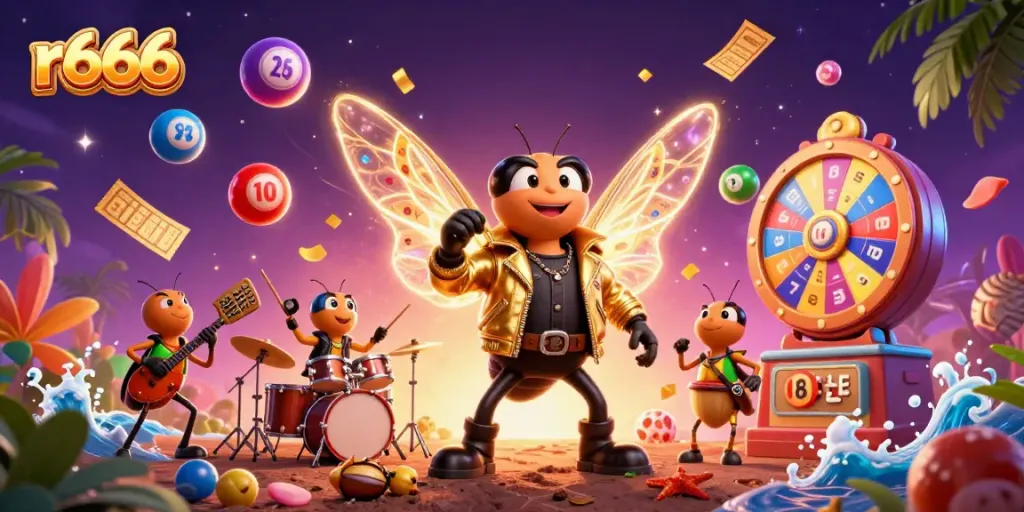 Engage with r666 at this vibrant online casino featuring a spirited cicada rock star and dynamic gaming elements.