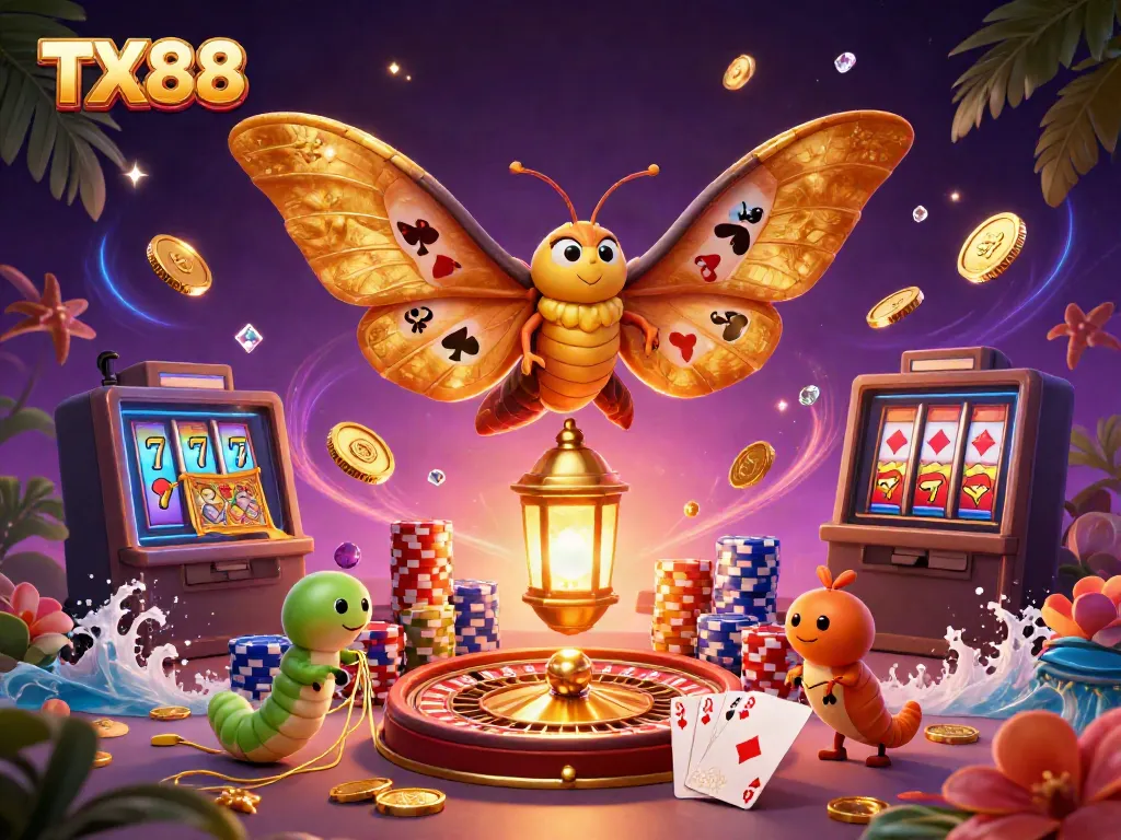 Experience gaming excitement with TX88's vibrant casino scene featuring golden moths, coins, and game elements.