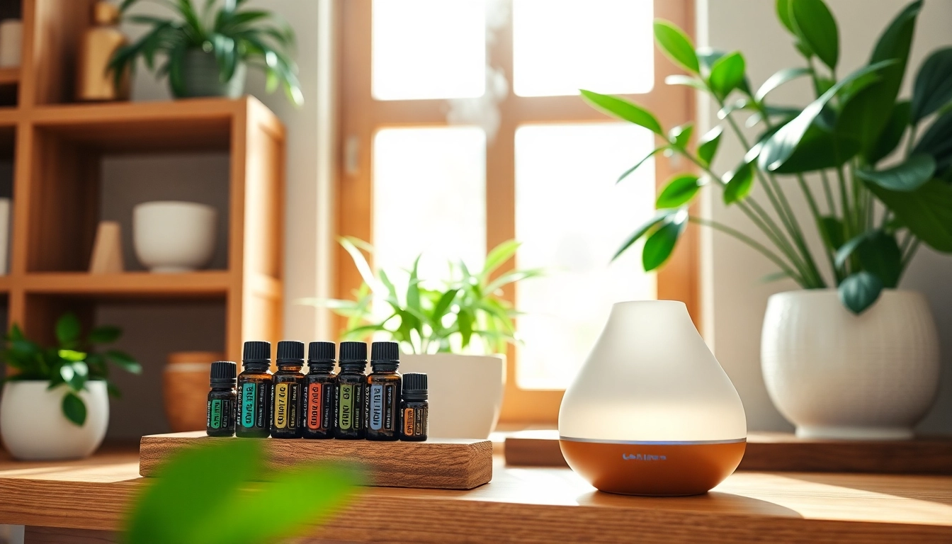 doTERRA ätherische Öle displayed elegantly on a wooden shelf in a bright home setting.