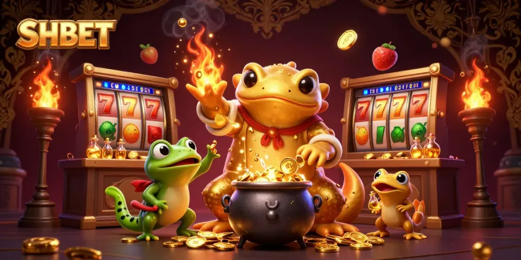 Engage with thrilling SHBET casino experience featuring a golden salamander alchemist and vibrant slot reels.