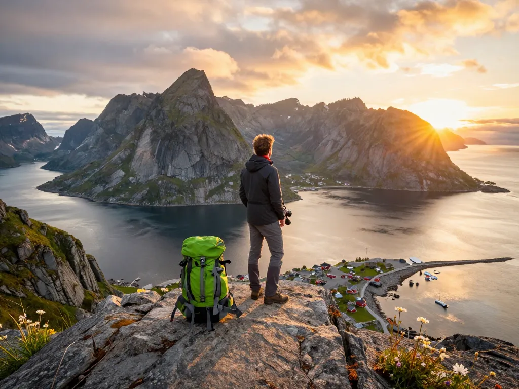 Skandinavien Reisetipps: Reisender auf den Lofoten-Inseln während eines atemberaubenden Sonnenuntergangs, die Schönheit der Natur erkundend.