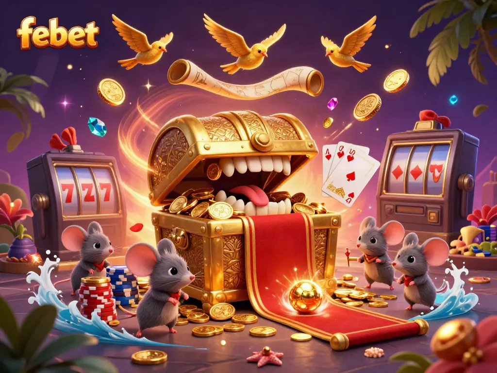 Experience thrilling gaming action at febet with lively casino elements in a dynamic 3D scene.