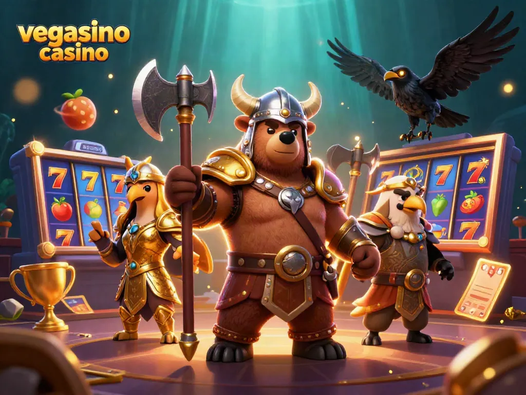 Experience thrilling slots at vegasino casino with Viking warriors amidst immersive gaming elements.