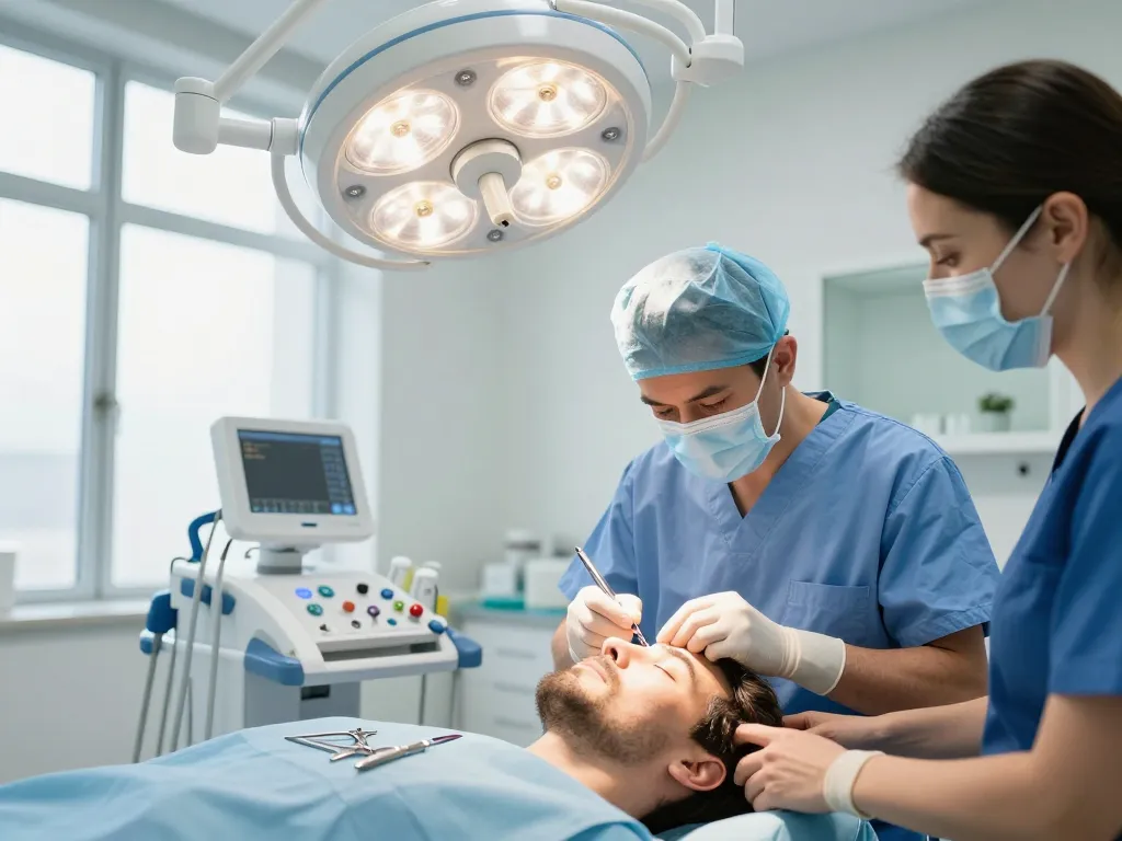 Chirurg, der fachmännisch einen Haartransplantation Istanbul Eingriff durchführt und fortschrittliche medizinische Techniken in einer modernen Klinik zeigt.