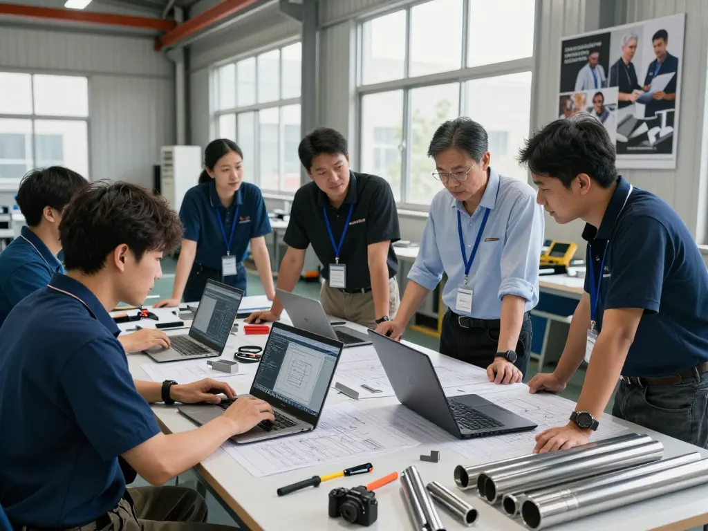 Engineers collaborating on sumwin stainless steel product designs in a vibrant manufacturing workspace.