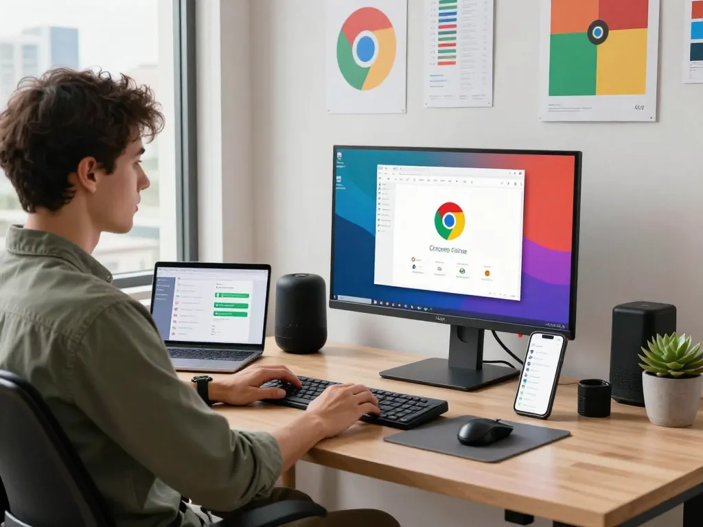 Innovative workspace with 谷歌浏览器 displayed on high-resolution monitor in a modern home office.