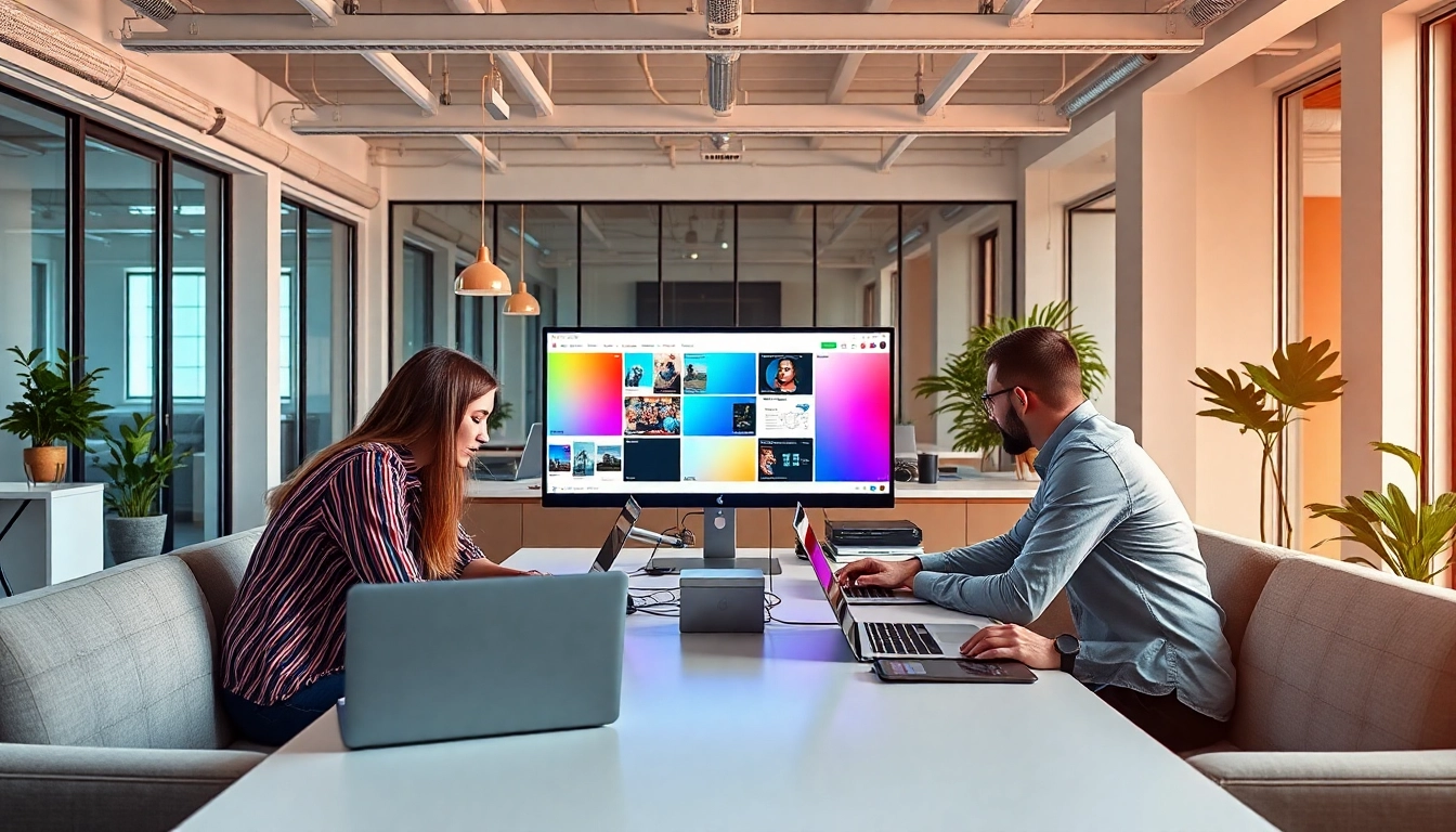 Marketing-Designer's creative workspace with team collaboration on digital projects.