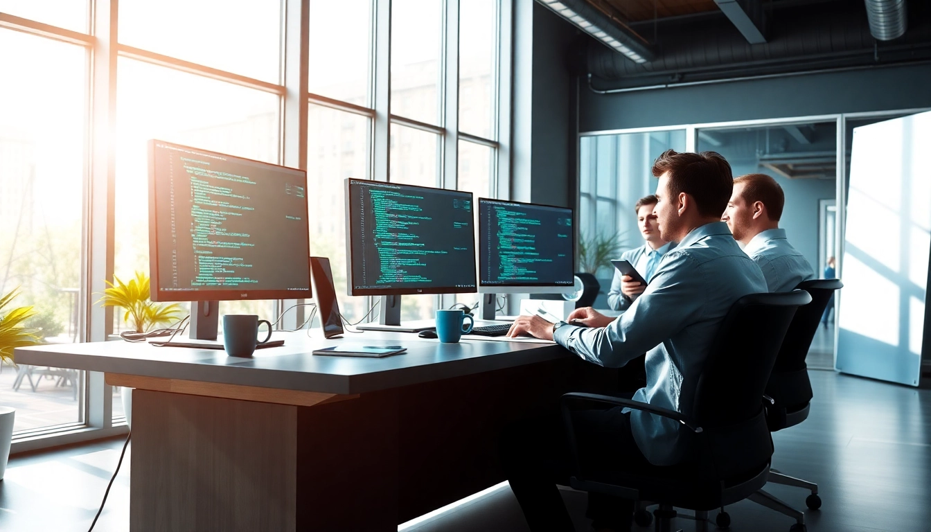 Webentwickler Hannover arbeitet in modernem Büro mit Computer und Code-Displays.