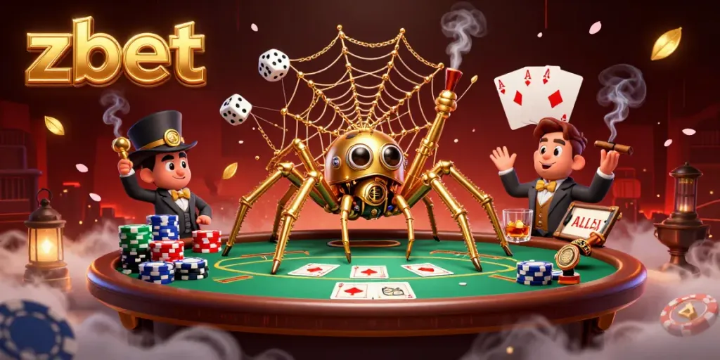 Zbet players experiencing thrilling moments with a steampunk spider and poker elements in a vibrant casino scene.
