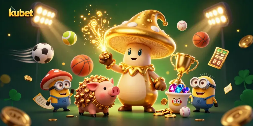 Engage with kubet's gaming platform featuring a wizard, sports elements, and treasure in a vibrant casino scene.