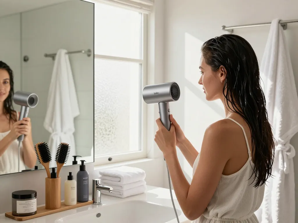 Verwendung des Laifen Haartrockners in einem modernen Badezimmer, das Stil und Luxus zeigt.