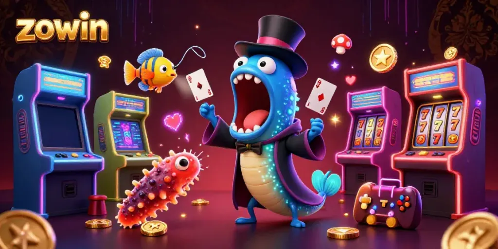 Experience the thrill of casino gaming with a vibrant scene featuring zowin and colorful characters.