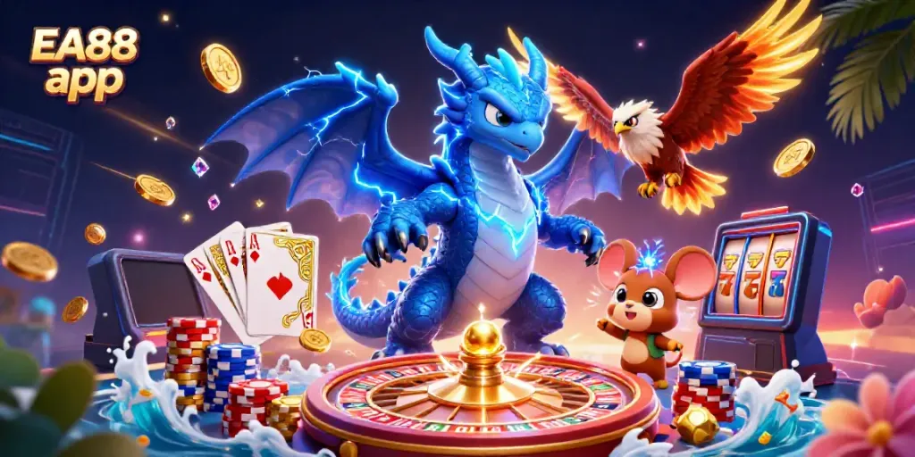 Experience the excitement of gambling with the EA88 app, featuring dynamic casino elements and vibrant characters.