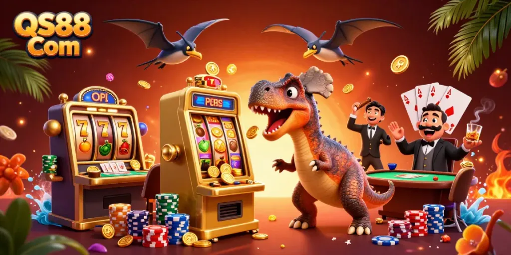 Experience the excitement of QS88 Com with a pachycephalosaurus interacting with a golden slot machine, as action unfolds around