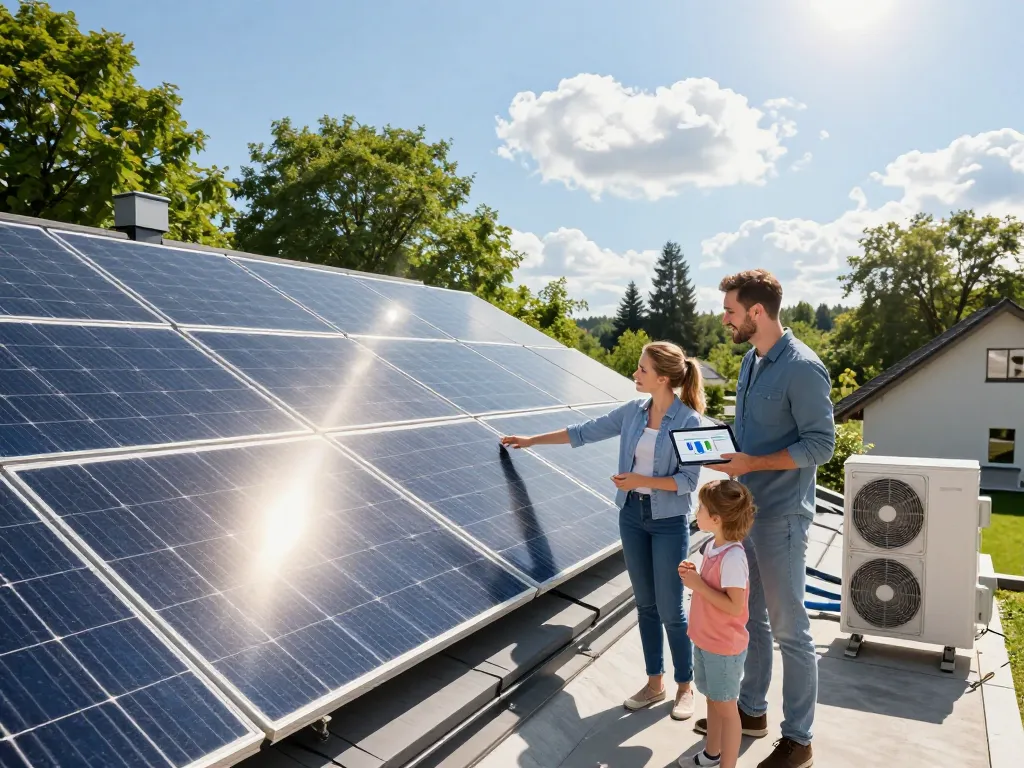 Photovoltaik Bayern Installation, die eine Familie zeigt, die Solarzellen und Wärmepumpen im bayerischen Sonnenlicht erkundet.