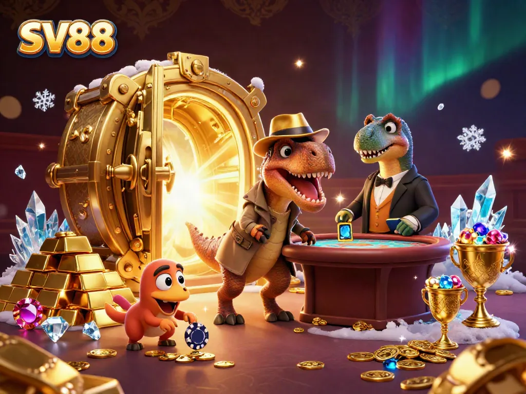 Experience SV88 with a velociraptor card counter at a blackjack table, surrounded by gold and treasure.