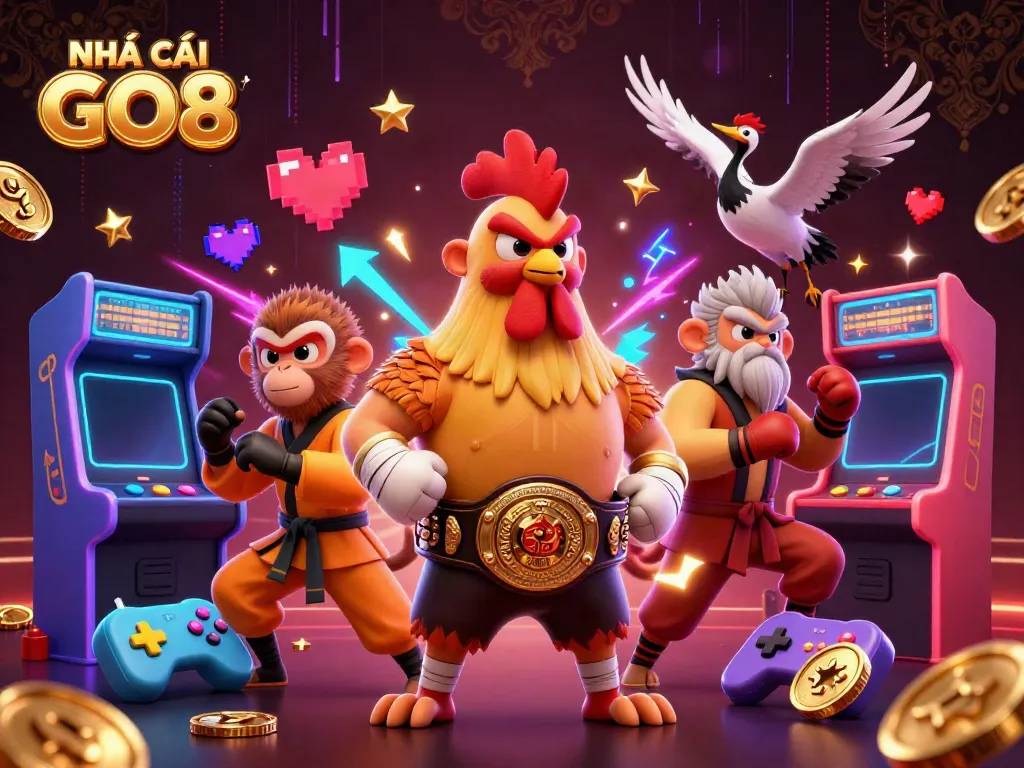 Engage with NHÀ CÁI GO8 through a vibrant online casino illustration featuring 3D characters and gaming elements.