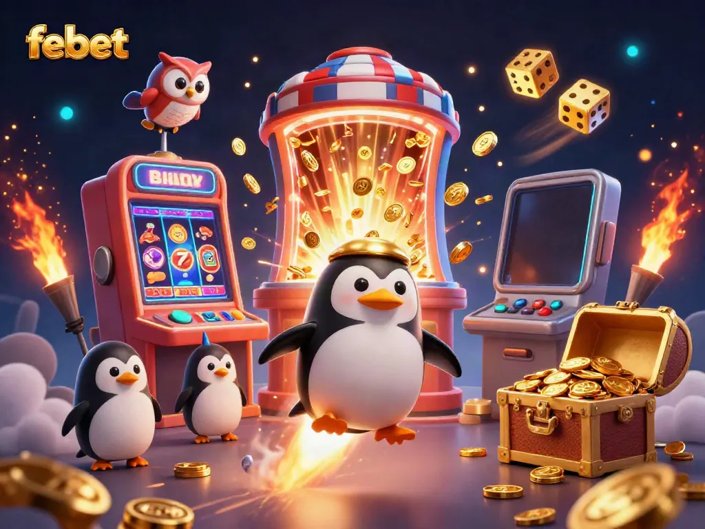 Experience the vibrant action of febet with a dynamic 3D scene featuring a golden penguin and casino themes.