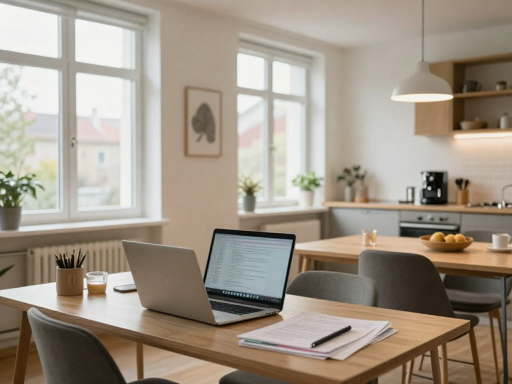 Monteurzimmer mieten Hannover: modern eingerichtetes Apartment mit Küchenzeile und Arbeitsbereich für Berufstätige