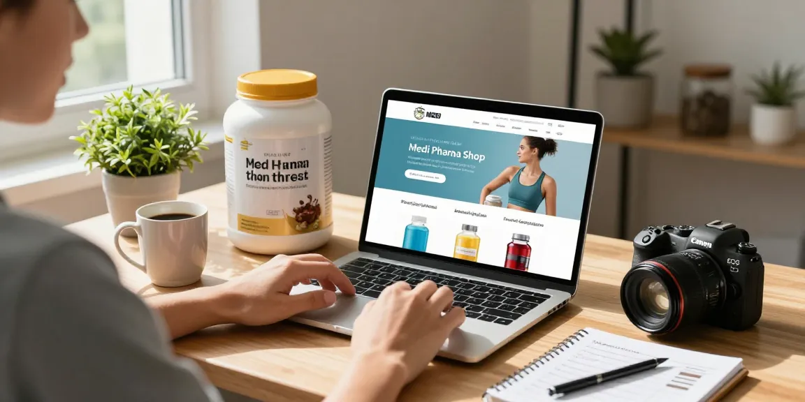 Einkaufen online im Medi Pharma Shop für Wellness-Produkte in einem gemütlichen Home-Office.