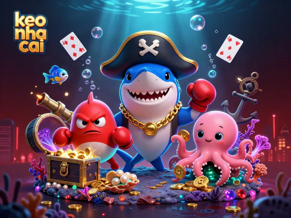 Engage with keo nha cai in an exciting underwater casino scene featuring vibrant characters and dynamic elements.