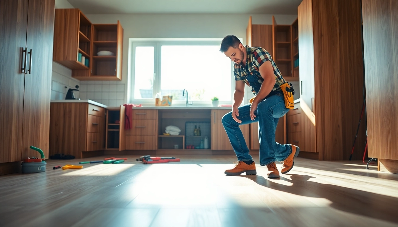 Handyman installing kitchen cabinets with precision and expertise.