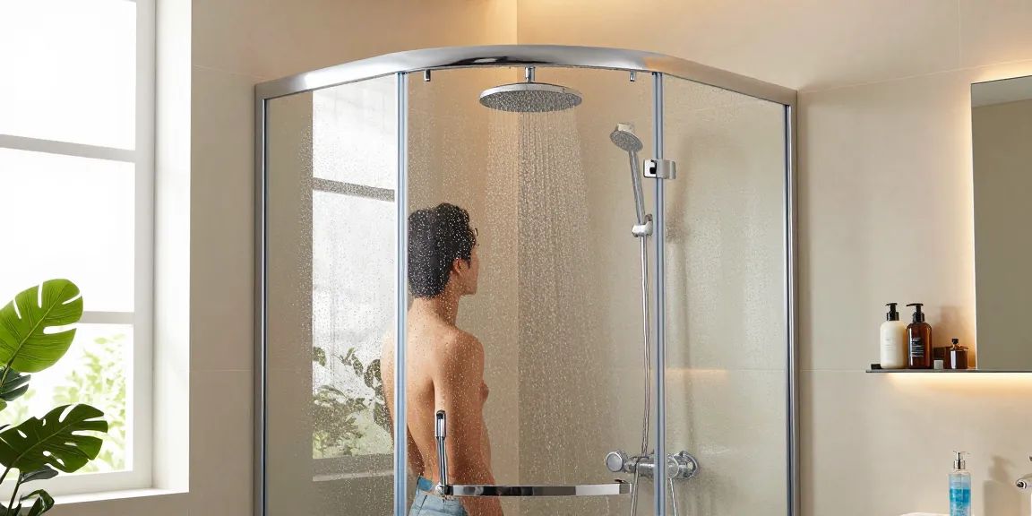 De stijlvolle 80x80 cm douchecabine kwartrond in een moderne badkamer, die elegantie en comfort showcases in een beperkte ruimte.