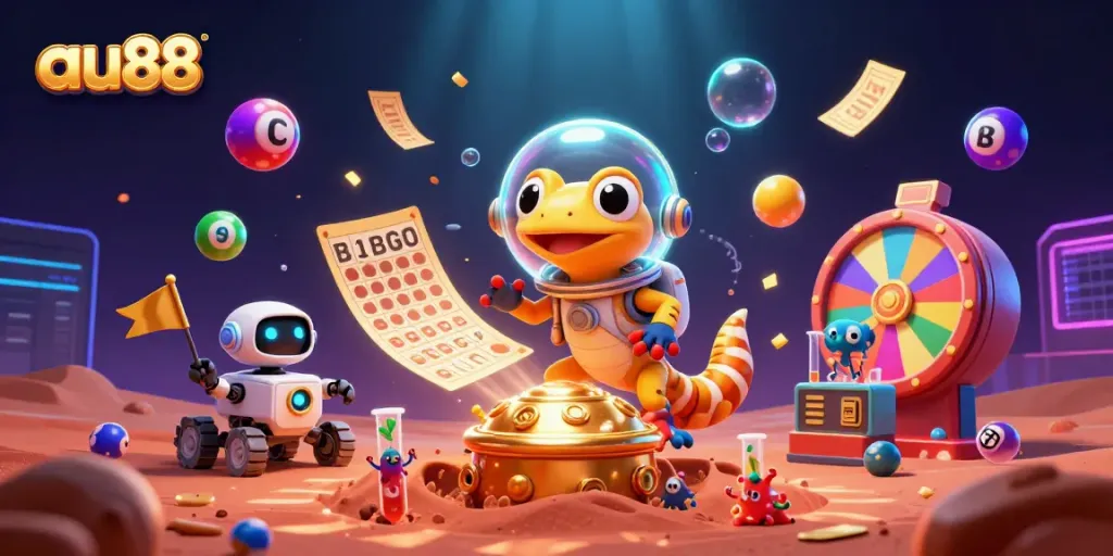 Experience the vibrant world of au88 with a Martian gecko discovering a golden casino in a dynamic cosmic setting.