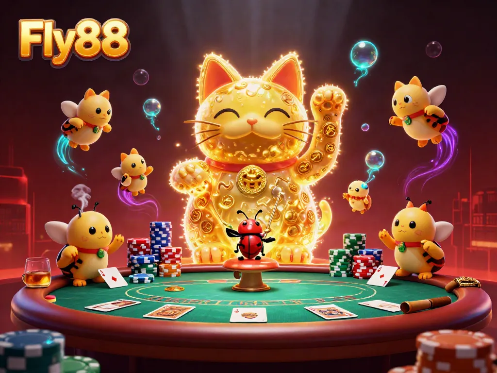 Experience winning moments with Fly88's vibrant casino scene showcasing a lucky cat and poker dynamics.
