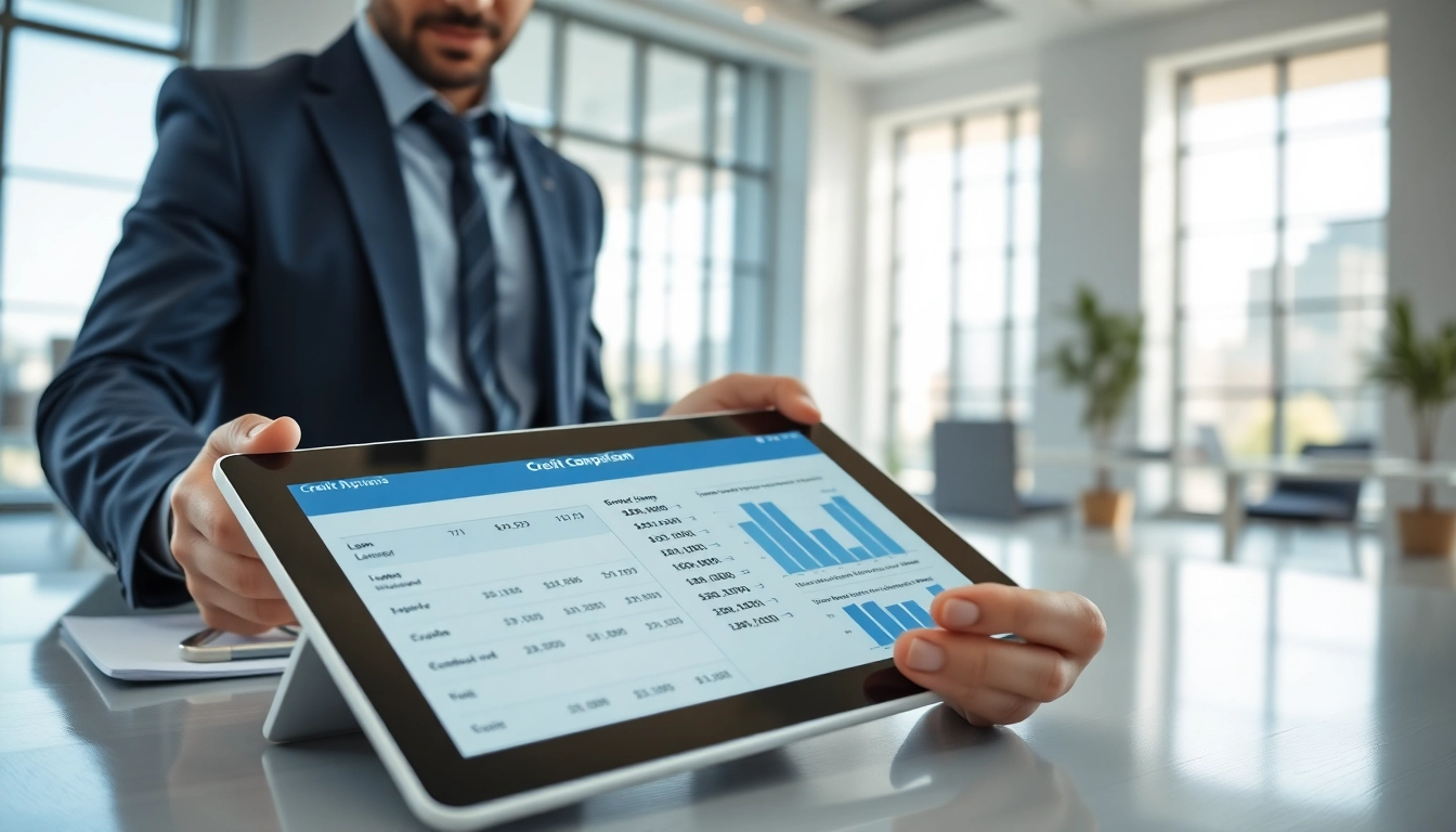Kreditvergleich: Finanzberater betrachtet verschiedene Kreditangebote auf einem Tablet.
